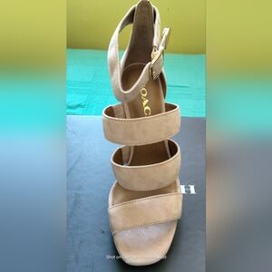 COACH Blush MARINA Three-Strap Suede Ankle-Strap Heel in Blush.